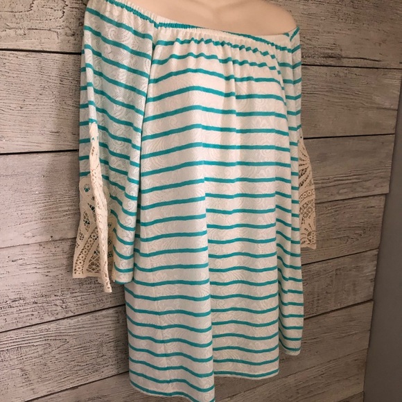 Vava by Joy Han Dress White and Blue Off-Shoulder Crochet Striped Size S - Picture 6 of 9